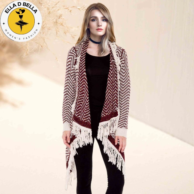 Chevron Zigzag Pattern Fringe Knit Cardigan for Women